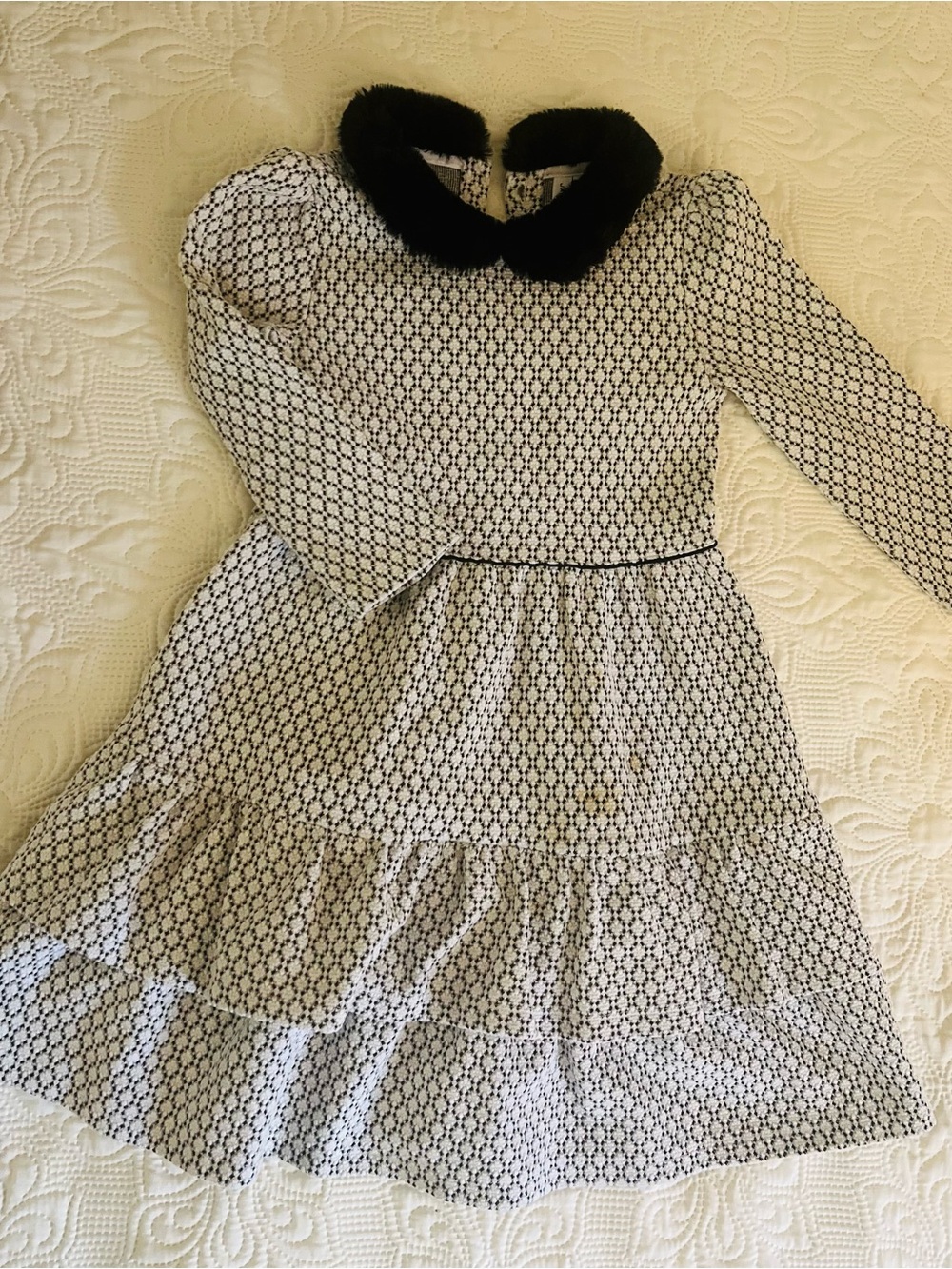 Janie and Jack Black and White Patterned Dress with Faux Fur Collar